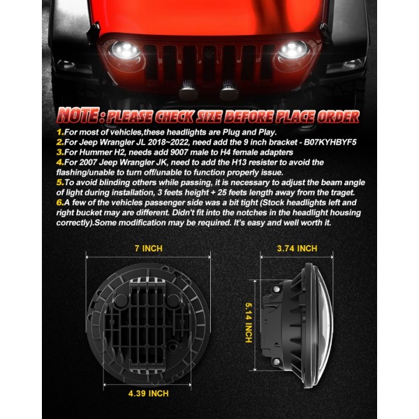  LX-LIGHT 7'' Round Black LED Headlight High Low Beam Compatible with Jeep Wrangler JK TJ LJ CJ Hummer H1 H2 (Pair) 