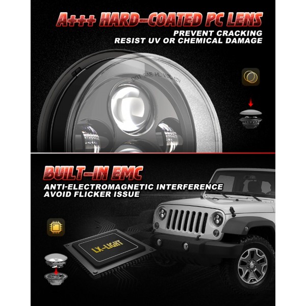 LX-LIGHT 7'' Round Black LED Headlight High Low Beam Compatible with Jeep Wrangler JK TJ LJ CJ Hummer H1 H2 (Pair) 