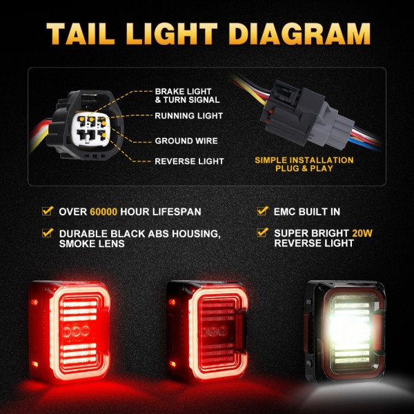 DOT Approved Smoke Lens LED Tail Lights with 20W Reverse Lights for 2007-2017 Jeep Wrangler JK&JKU Brake Reverse Light Rear Back Up Lights Daytime Running Lamps,EMC Build-in