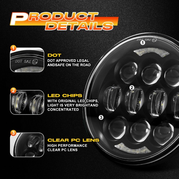 DOT Approved 80W 5-3/4" 5.75" Round LED Projection Headlight Compatible with Dyna Street Bob Super Wide Glide Low Rider Night Rod Train Softail Deuce Custom Sportster Iron 883,Black