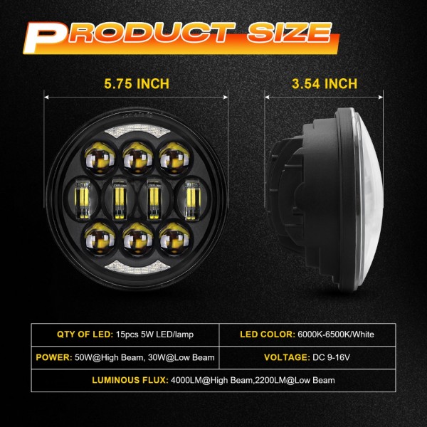 DOT Approved 80W 5-3/4" 5.75" Round LED Projection Headlight Compatible with Dyna Street Bob Super Wide Glide Low Rider Night Rod Train Softail Deuce Custom Sportster Iron 883,Black