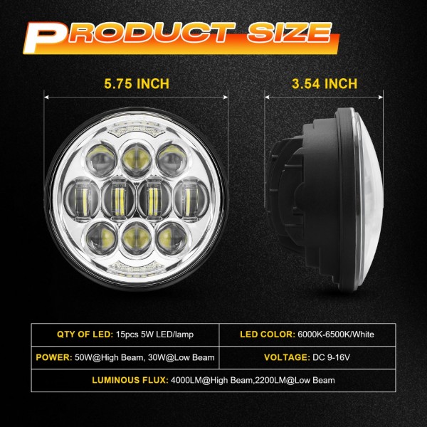DOT Approved 80W 5-3/4" 5.75" Round LED Projection Headlight Compatible with Dyna Street Bob Super Wide Glide Low Rider Night Rod Train Softail Deuce Custom Sportster Iron 883,Black